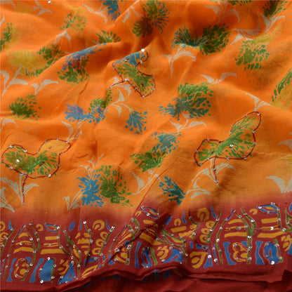 Sanskriti Vintage Sarees Orange/Red Hand Beaded Pure Georgette Silk Sari Sustainable Fabric
