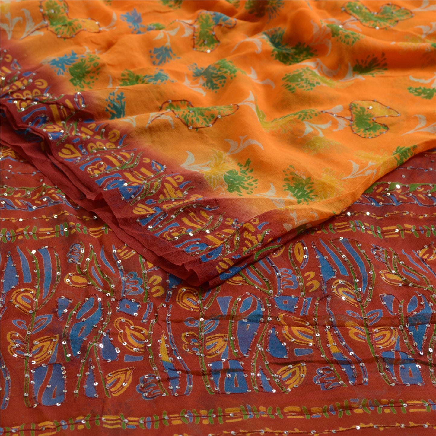 Sanskriti Vintage Sarees Orange/Red Hand Beaded Pure Georgette Silk Sari Sustainable Fabric