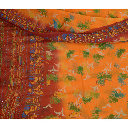 Sanskriti Vintage Sarees Orange/Red Hand Beaded Pure Georgette Silk Sari Sustainable Fabric