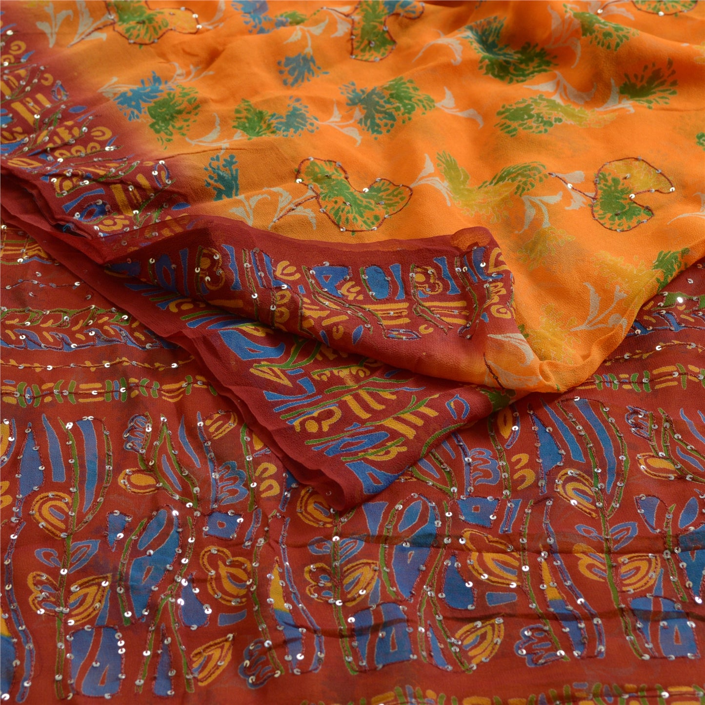 Sanskriti Vintage Sarees Orange/Red Hand Beaded Pure Georgette Silk Sari Sustainable Fabric