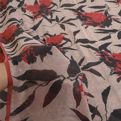 Sanskriti Vintage Sarees Pale-Cream Pure Georgette Silk Print Sari Craft Sustainable Fabric