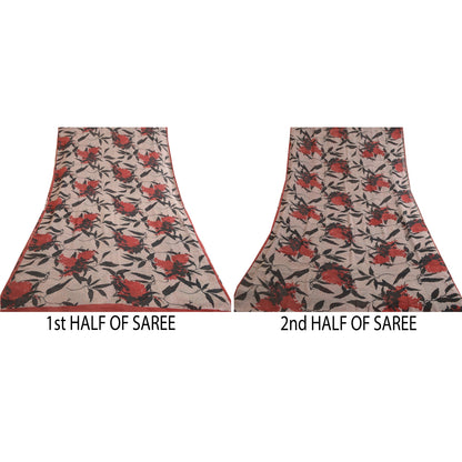 Sanskriti Vintage Sarees Pale-Cream Pure Georgette Silk Print Sari Craft Sustainable Fabric