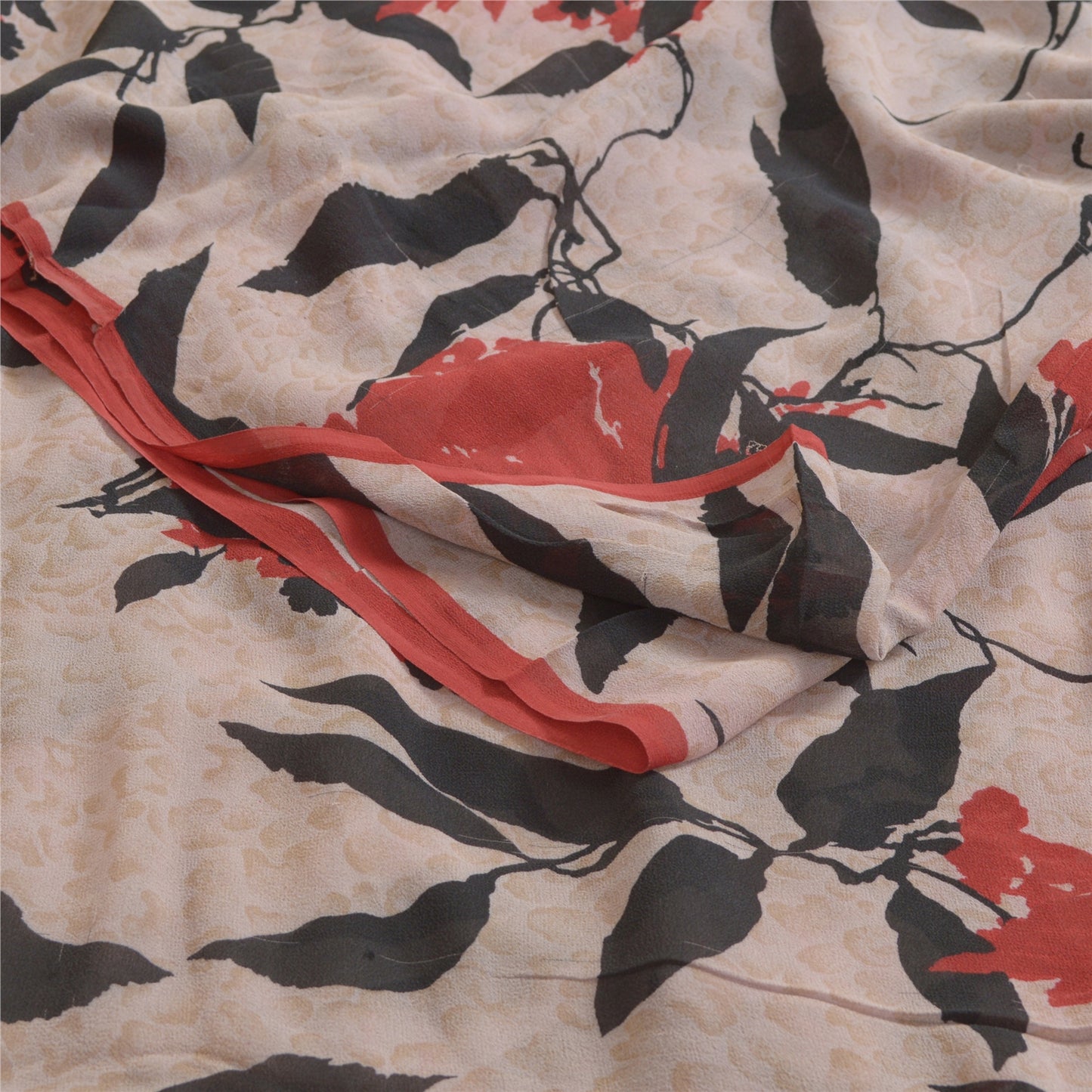 Sanskriti Vintage Sarees Pale-Cream Pure Georgette Silk Print Sari Craft Sustainable Fabric