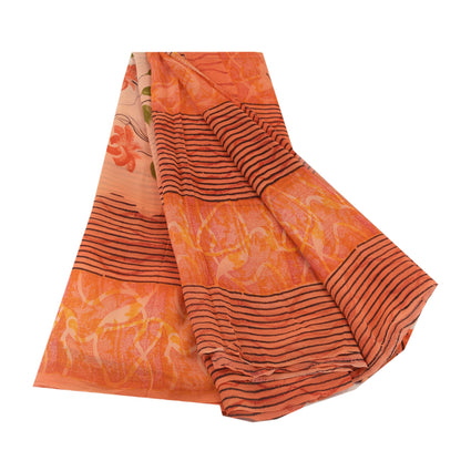 Sanskriti Vintage Sarees Orange Pure Georgette Silk Printed Sari Craft Sustainable Fabric