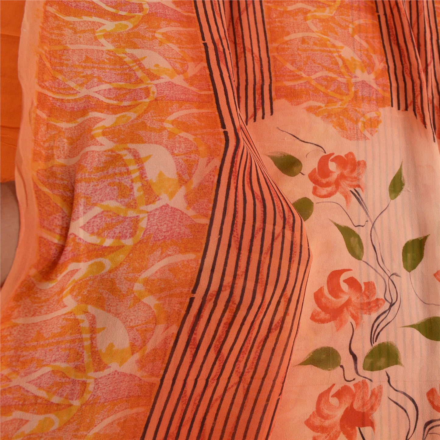 Sanskriti Vintage Sarees Orange Pure Georgette Silk Printed Sari Craft Sustainable Fabric