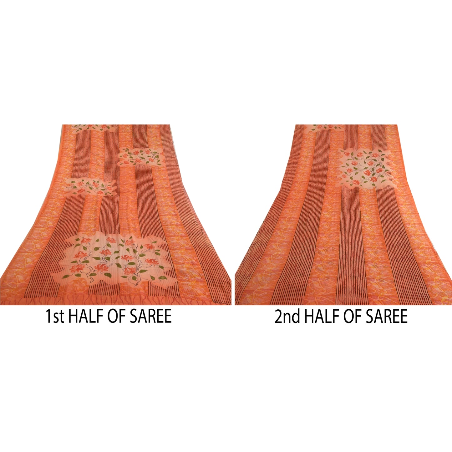 Sanskriti Vintage Sarees Orange Pure Georgette Silk Printed Sari Craft Sustainable Fabric