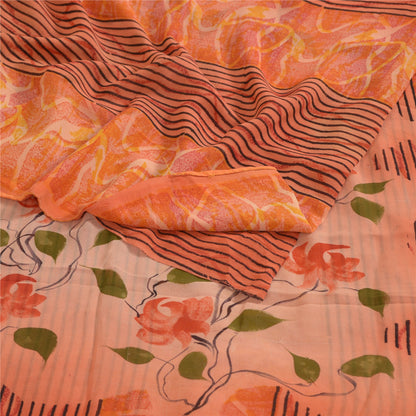Sanskriti Vintage Sarees Orange Pure Georgette Silk Printed Sari Craft Sustainable Fabric