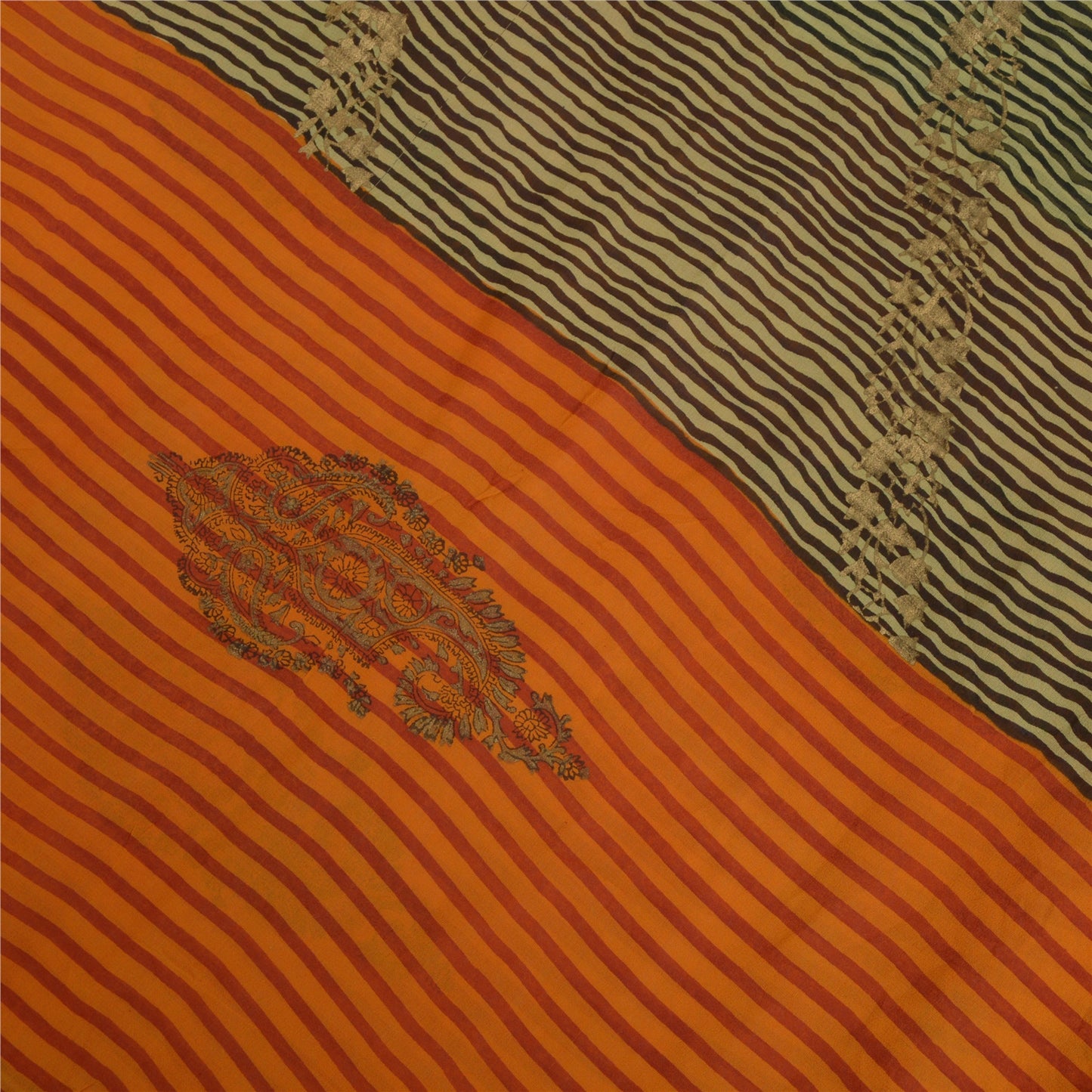 Sanskriti Vintage Sarees Black/Orange Pure Georgette Silk Print Sari 5yd Sustainable Fabric