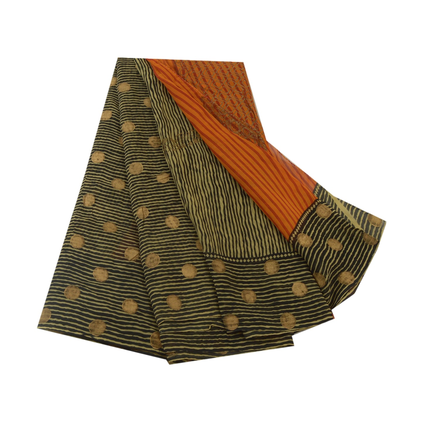 Sanskriti Vintage Sarees Black/Orange Pure Georgette Silk Print Sari 5yd Sustainable Fabric