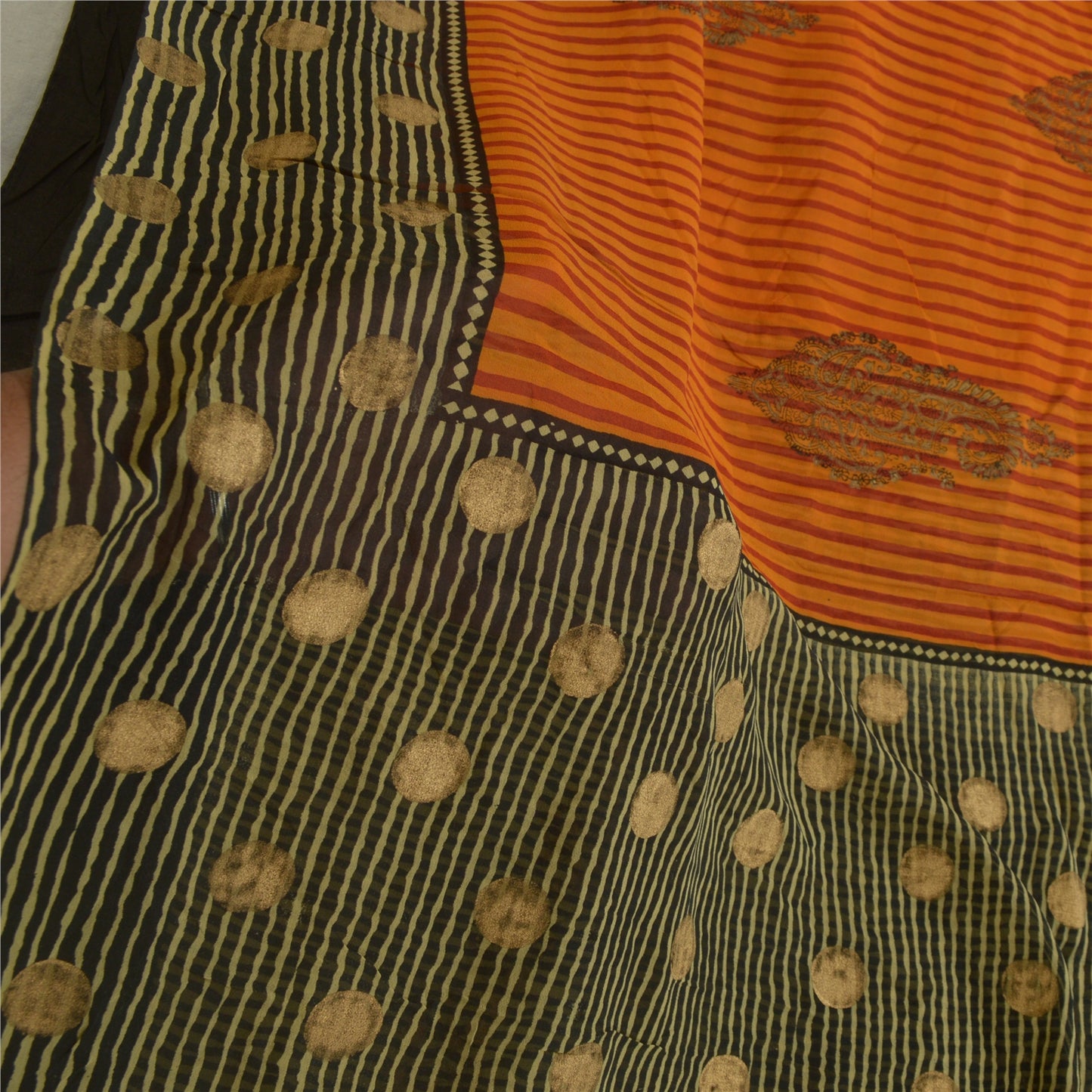 Sanskriti Vintage Sarees Black/Orange Pure Georgette Silk Print Sari 5yd Sustainable Fabric