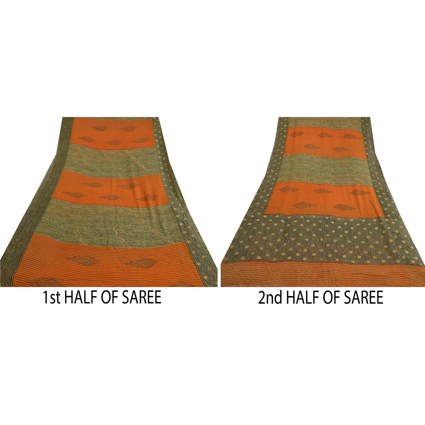 Sanskriti Vintage Sarees Black/Orange Pure Georgette Silk Print Sari 5yd Sustainable Fabric