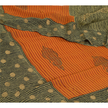 Sanskriti Vintage Sarees Black/Orange Pure Georgette Silk Print Sari 5yd Sustainable Fabric