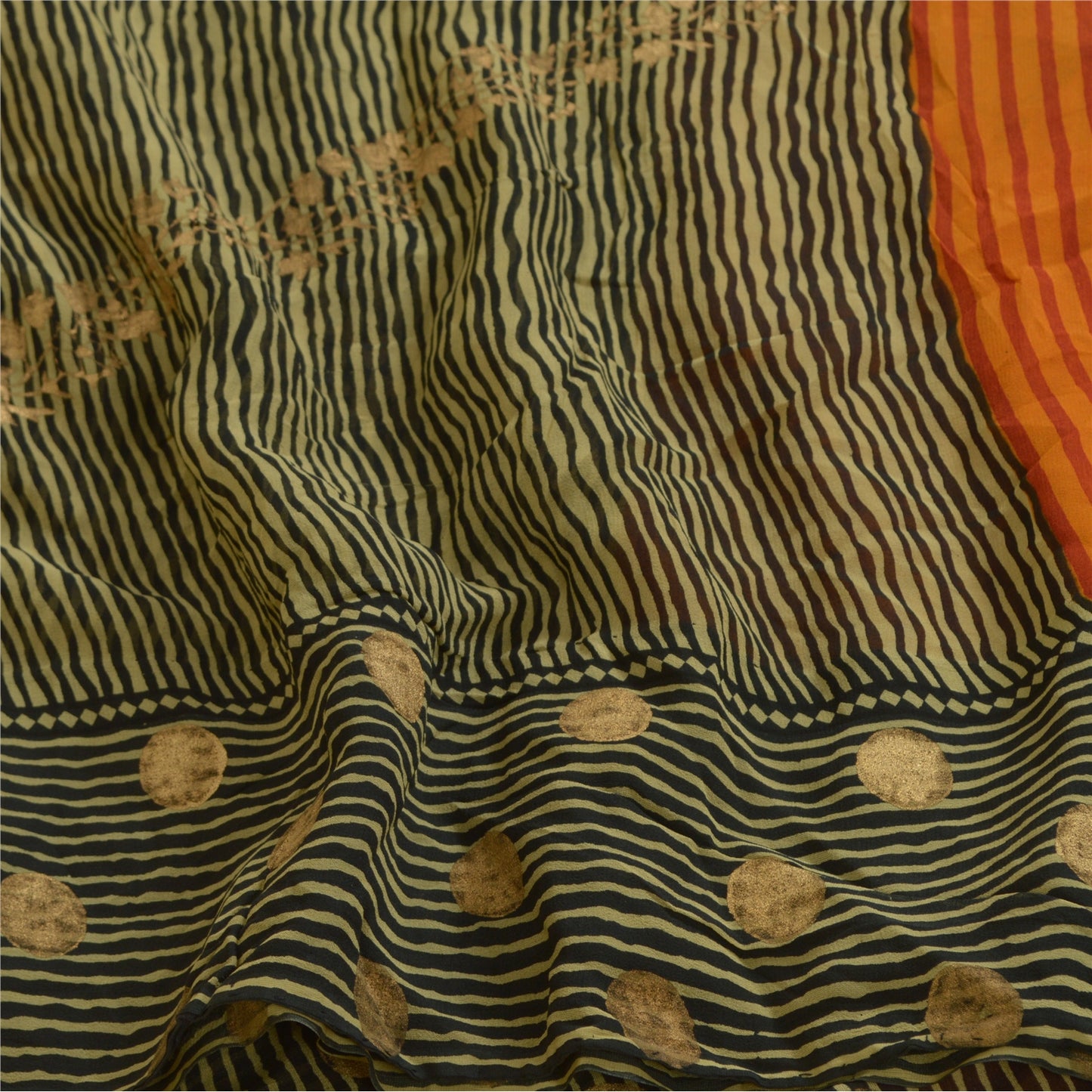 Sanskriti Vintage Sarees Black/Orange Pure Georgette Silk Print Sari 5yd Sustainable Fabric