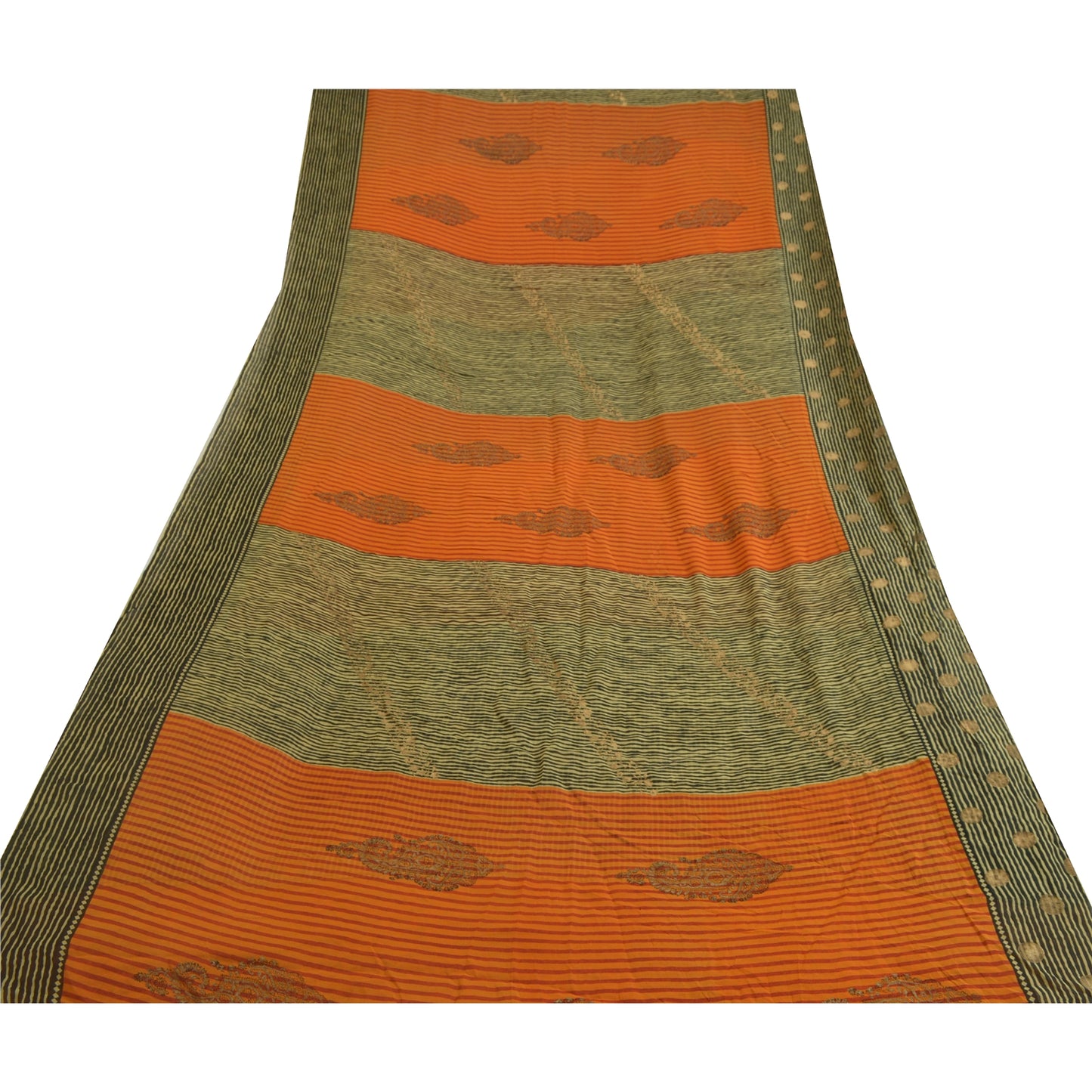Sanskriti Vintage Sarees Black/Orange Pure Georgette Silk Print Sari 5yd Sustainable Fabric