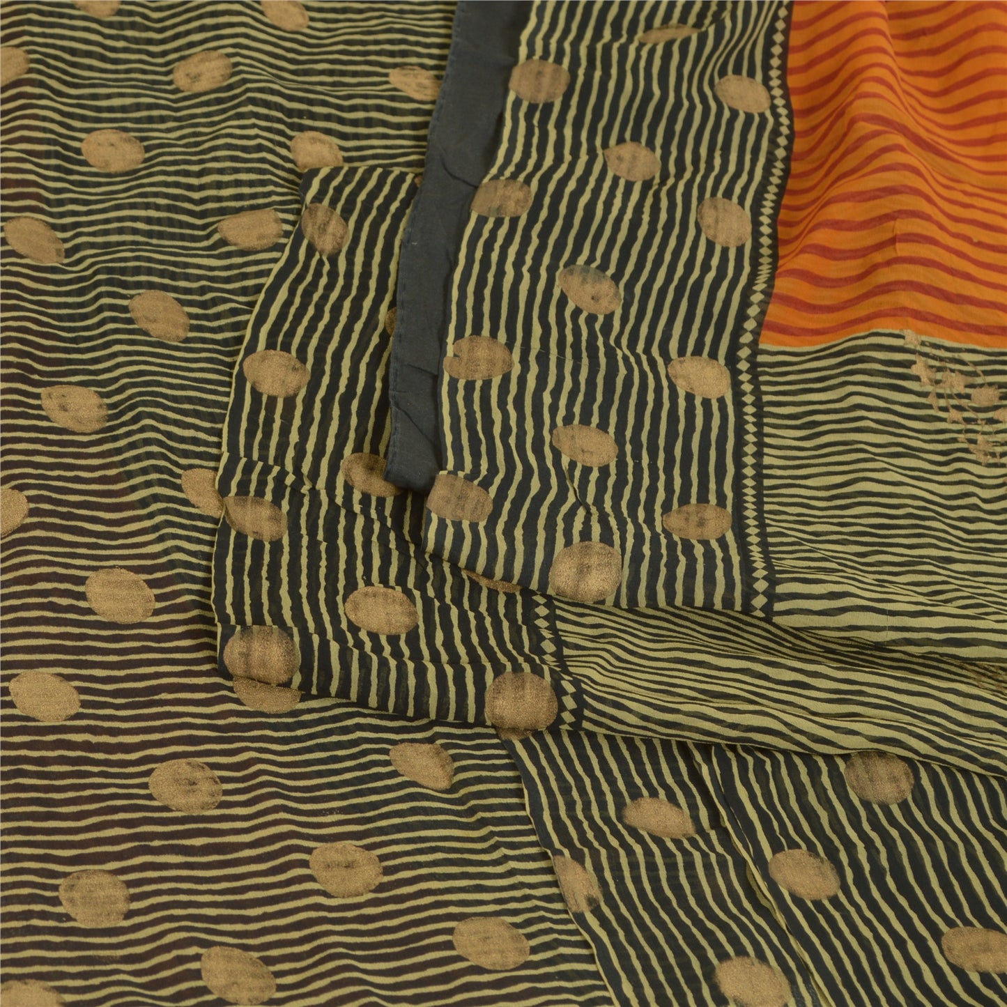 Sanskriti Vintage Sarees Black/Orange Pure Georgette Silk Print Sari 5yd Sustainable Fabric