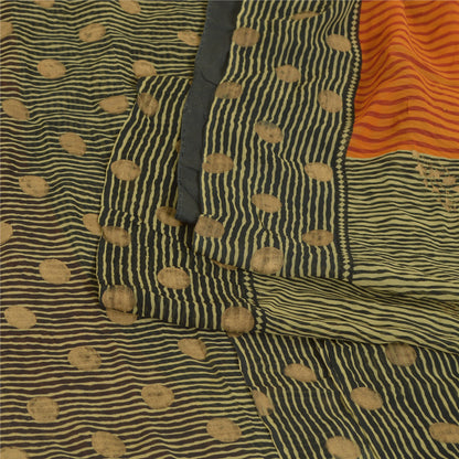 Sanskriti Vintage Sarees Black/Orange Pure Georgette Silk Print Sari 5yd Sustainable Fabric