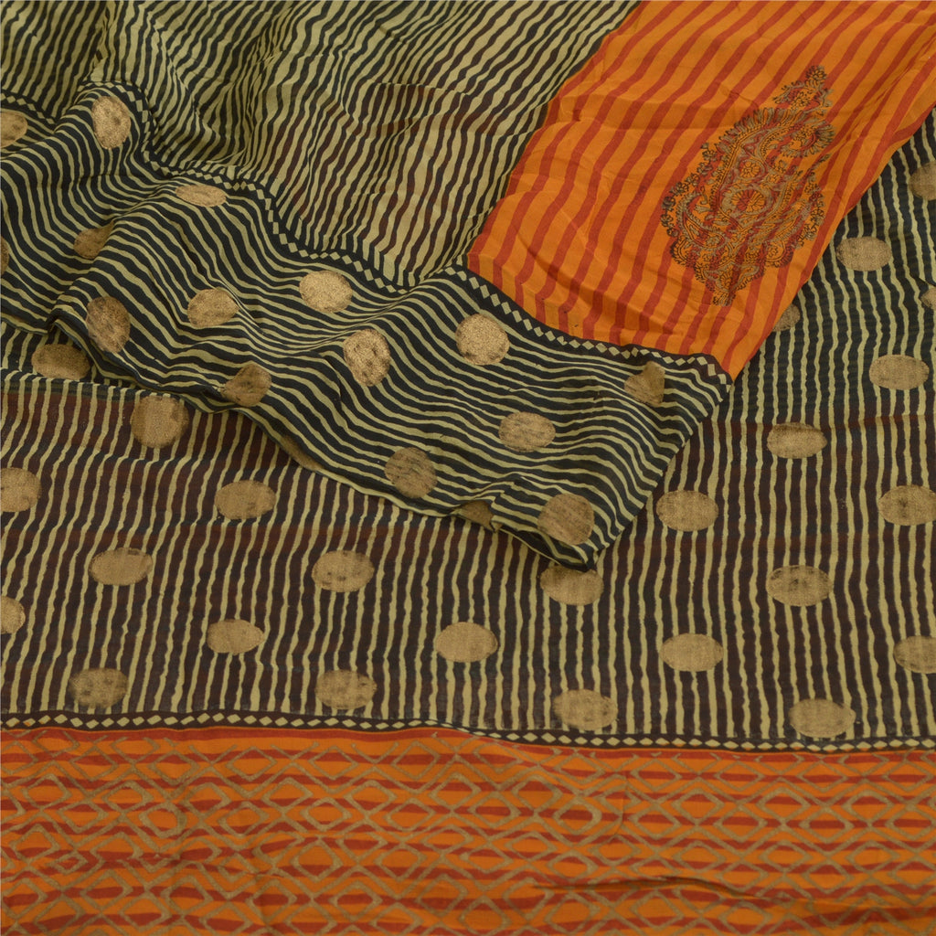 Sanskriti Vintage Sarees Black/Orange Pure Georgette Silk Print Sari 5yd Sustainable Fabric