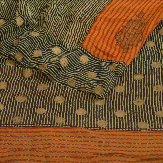 Sanskriti Vintage Sarees Black/Orange Pure Georgette Silk Print Sari 5yd Sustainable Fabric