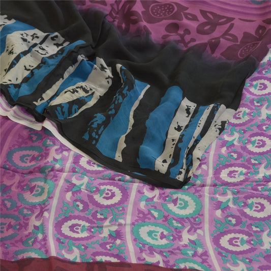 Sanskriti Vintage Sarees Purple Pure Georgette Silk Printed Sari Craft Sustainable Fabric