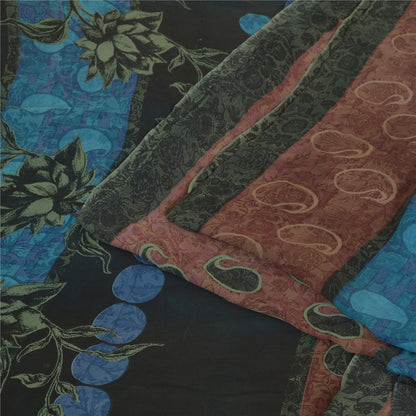 Санскритские винтажные сари сине-коричневые, чистый шелк жоржет, сари с принтом, ремесло, устойчивая ткань