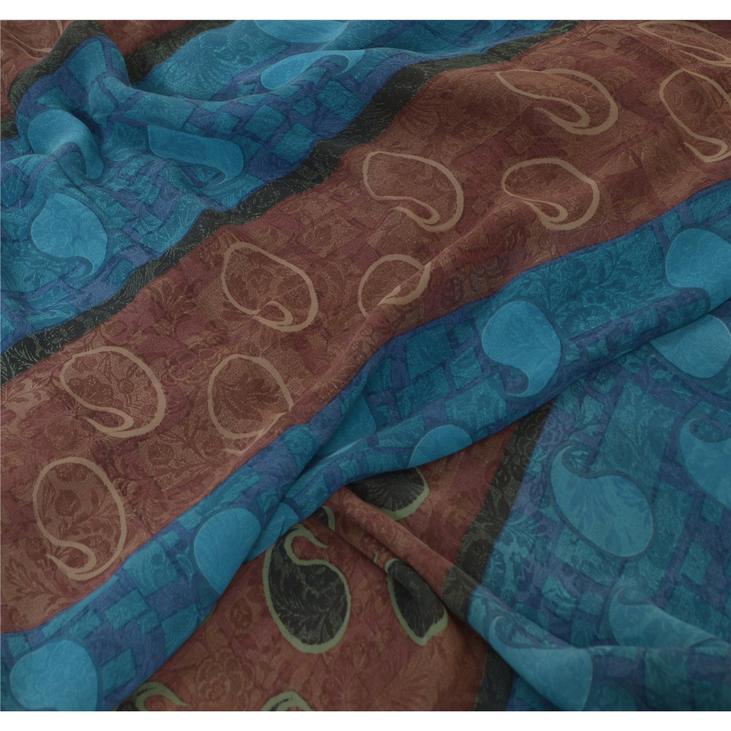 Санскритские винтажные сари сине-коричневые, чистый шелк жоржет, сари с принтом, ремесло, устойчивая ткань