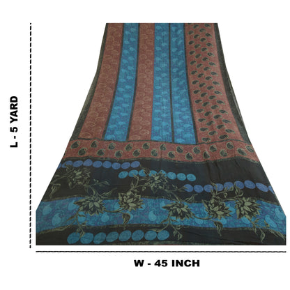 Санскритские винтажные сари сине-коричневые, чистый шелк жоржет, сари с принтом, ремесло, устойчивая ткань