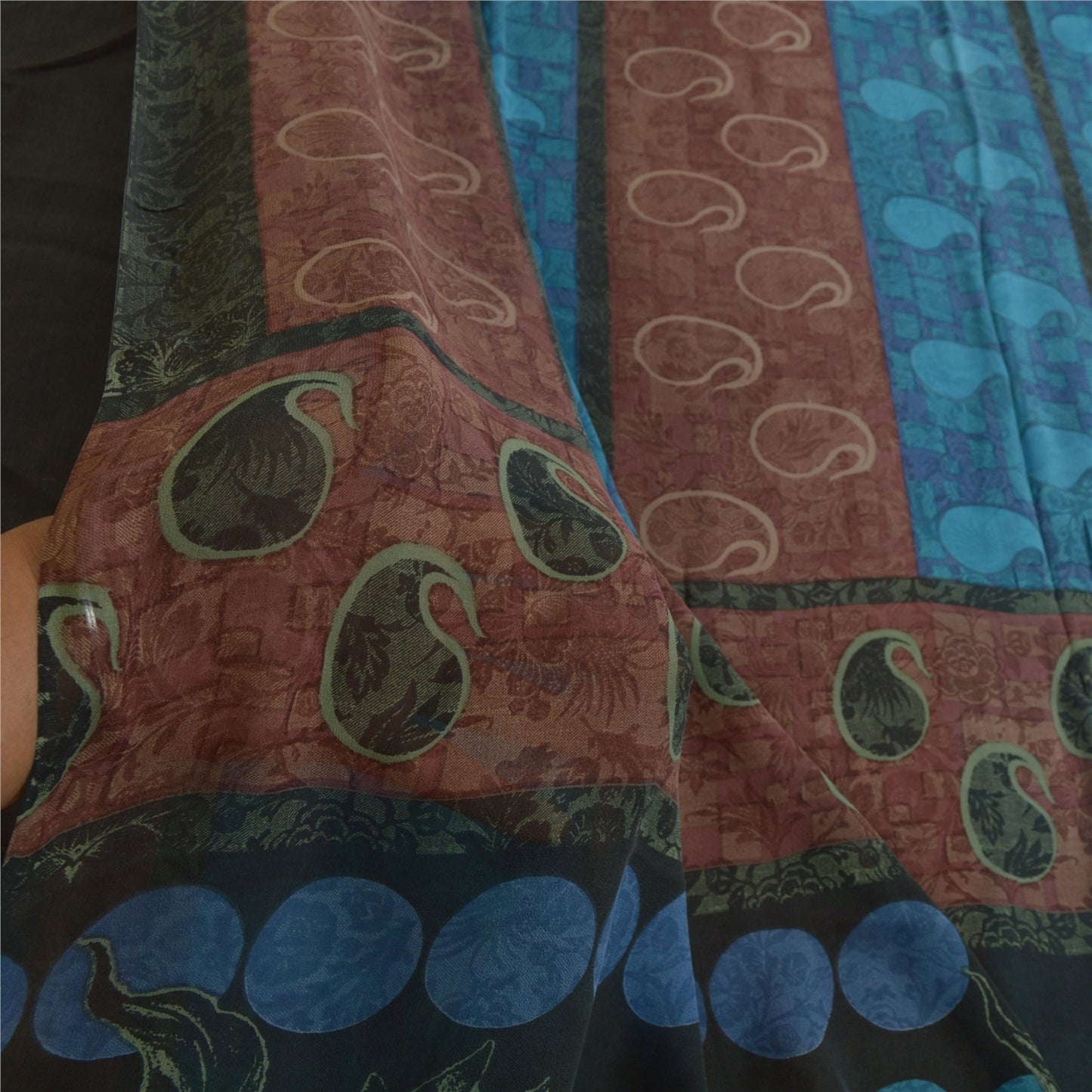Санскритские винтажные сари сине-коричневые, чистый шелк жоржет, сари с принтом, ремесло, устойчивая ткань