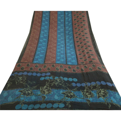 Санскритские винтажные сари сине-коричневые, чистый шелк жоржет, сари с принтом, ремесло, устойчивая ткань