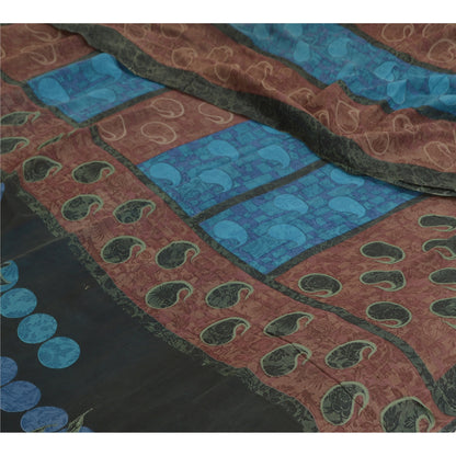 Санскритские винтажные сари сине-коричневые, чистый шелк жоржет, сари с принтом, ремесло, устойчивая ткань