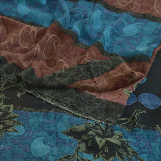 Sanskriti Vintage Sarees Blue/Brown Pure Georgette Silk Print Sari Craft Sustainable Fabric