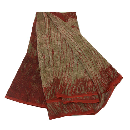 Sanskriti Vintage Sarees Red/Green Pure Georgette Silk Print Sari Craft Sustainable Fabric