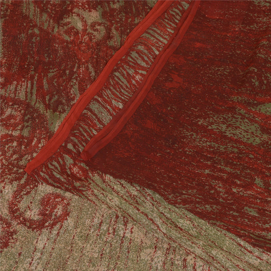 Sanskriti Vintage Sarees Red/Green Pure Georgette Silk Print Sari Craft Sustainable Fabric
