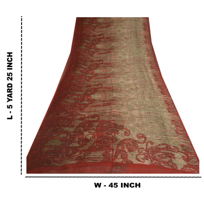 Sanskriti Vintage Sarees Red/Green Pure Georgette Silk Print Sari Craft Sustainable Fabric