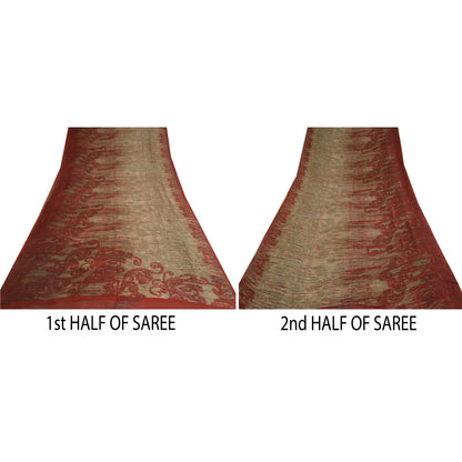 Sanskriti Vintage Sarees Red/Green Pure Georgette Silk Print Sari Craft Sustainable Fabric