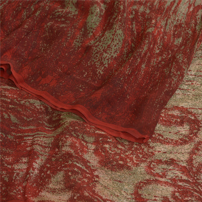 Sanskriti Vintage Sarees Red/Green Pure Georgette Silk Print Sari Craft Sustainable Fabric