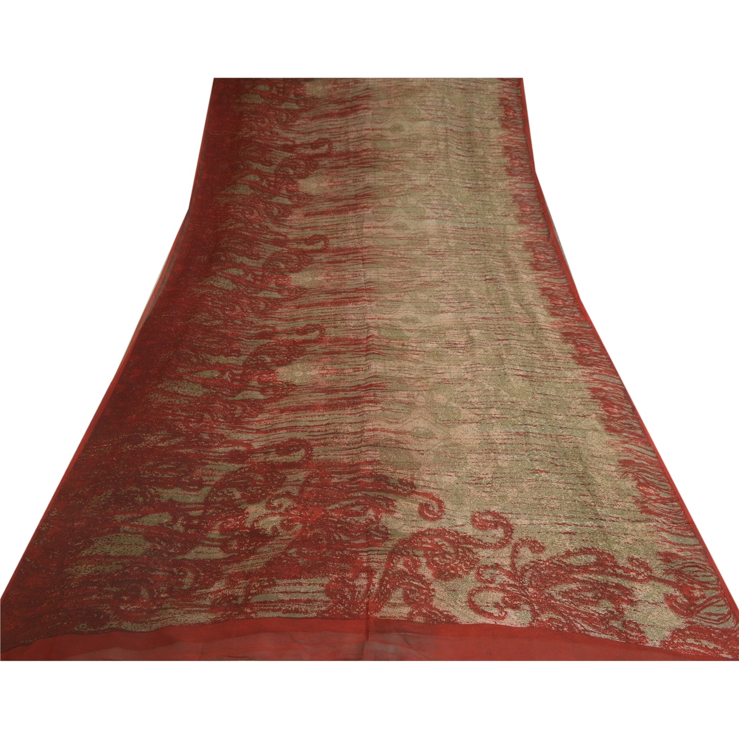 Sanskriti Vintage Sarees Red/Green Pure Georgette Silk Print Sari Craft Sustainable Fabric