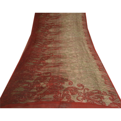 Sanskriti Vintage Sarees Red/Green Pure Georgette Silk Print Sari Craft Sustainable Fabric
