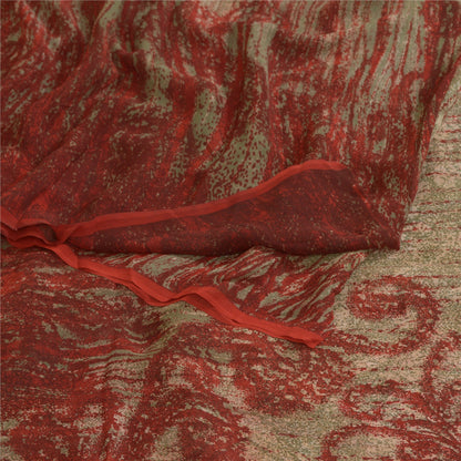 Sanskriti Vintage Sarees Red/Green Pure Georgette Silk Print Sari Craft Sustainable Fabric