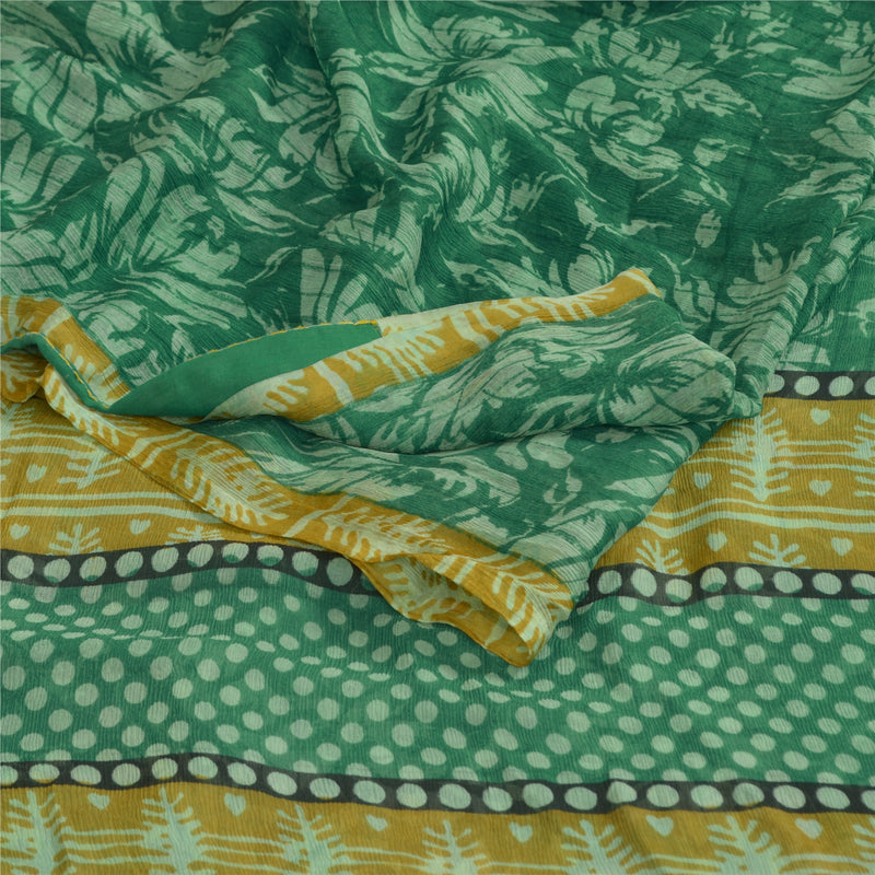 Sanskriti Vintage Sarees Green Pure Chiffon Silk Printed Sari Soft Craft Sustainable Fabric