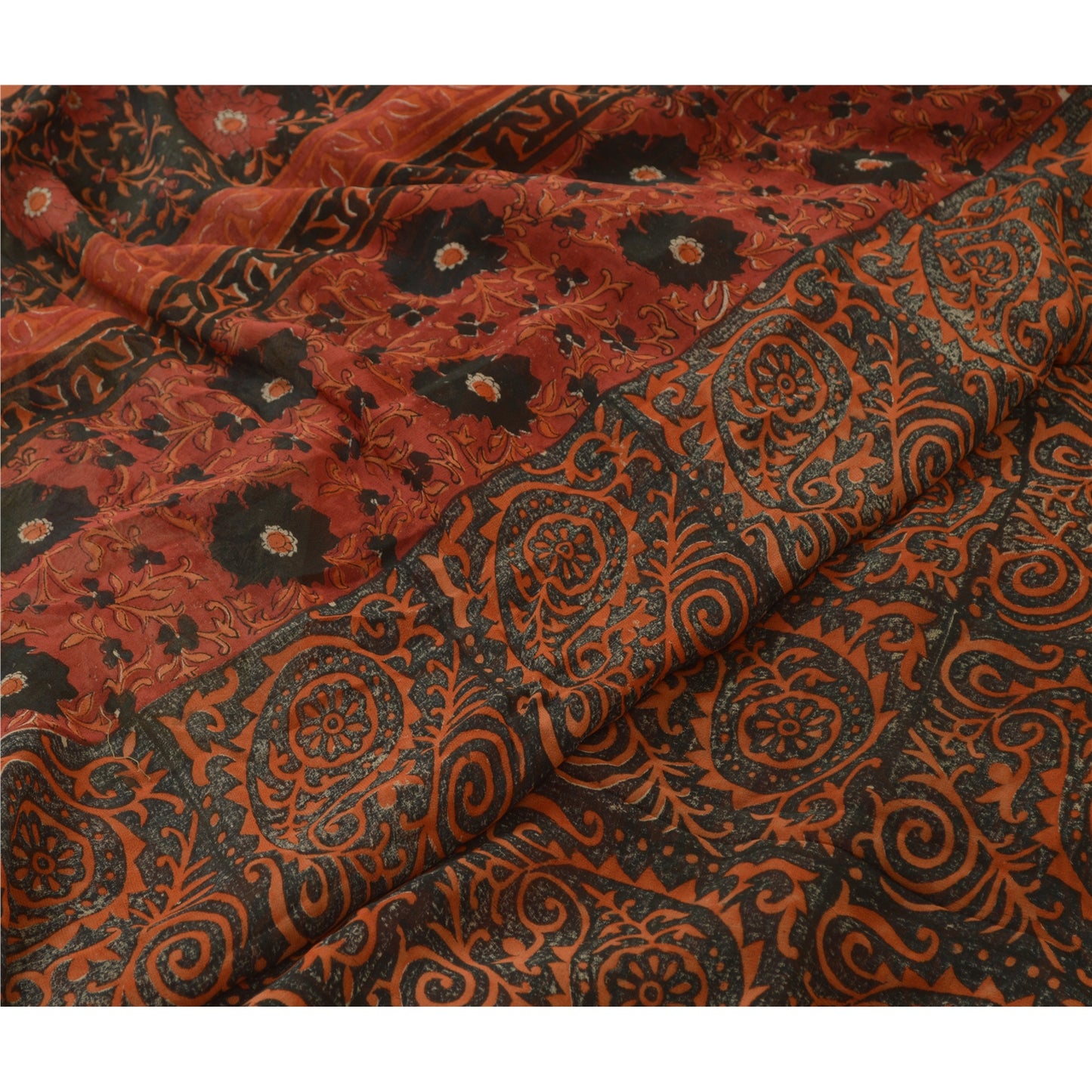 Sanskriti Vintage Black/Dark Red Sarees Pure Georgette Printed Sari Craft Sustainable Fabric