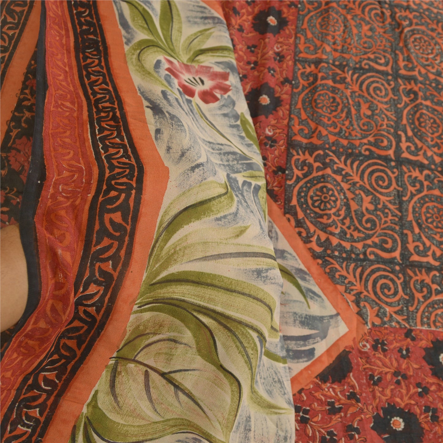 Sanskriti Vintage Black/Dark Red Sarees Pure Georgette Printed Sari Craft Sustainable Fabric