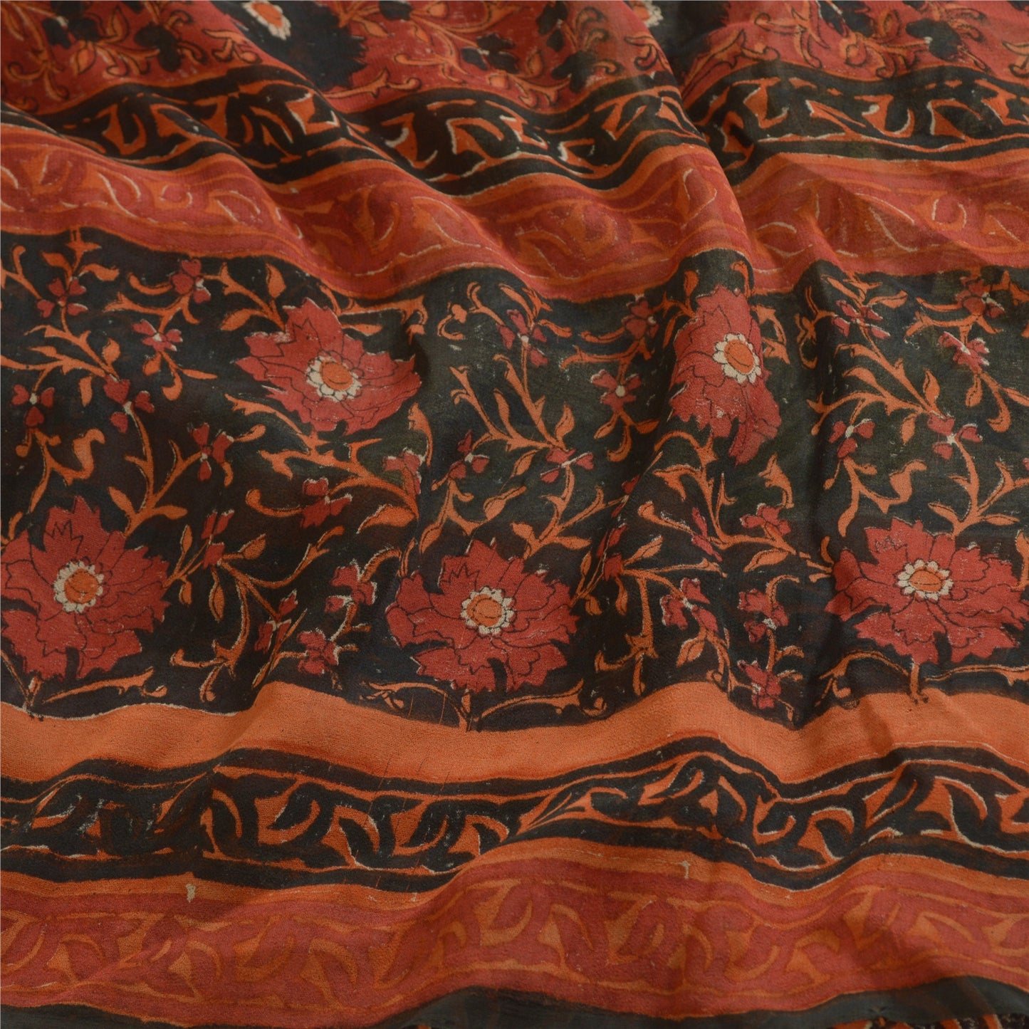 Sanskriti Vintage Black/Dark Red Sarees Pure Georgette Printed Sari Craft Sustainable Fabric