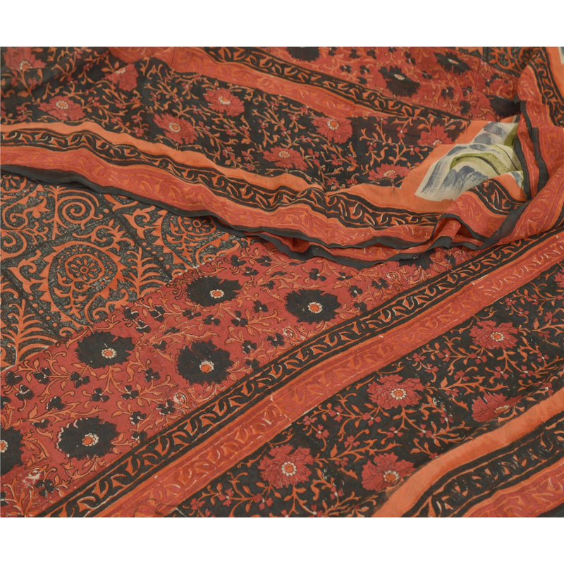 Sanskriti Vintage Black/Dark Red Sarees Pure Georgette Printed Sari Craft Sustainable Fabric