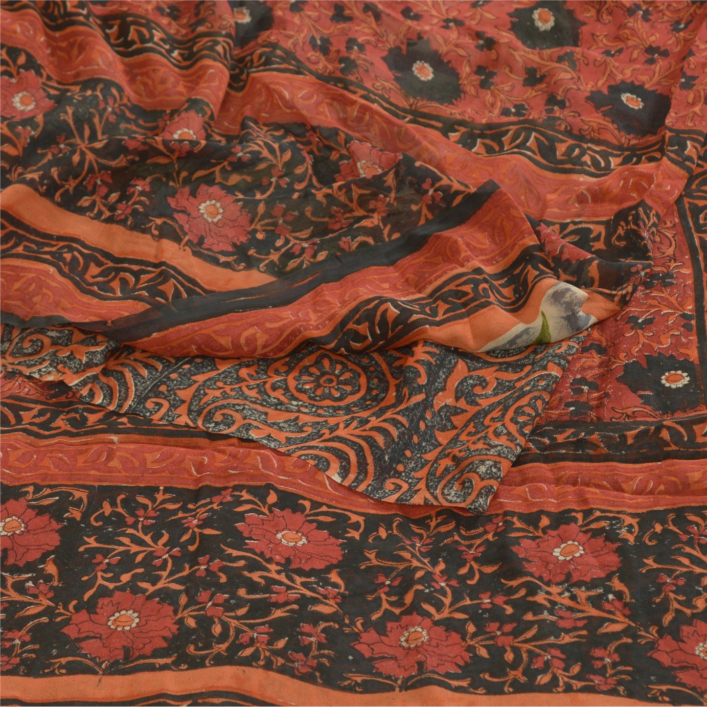 Sanskriti Vintage Black/Dark Red Sarees Pure Georgette Printed Sari Craft Sustainable Fabric