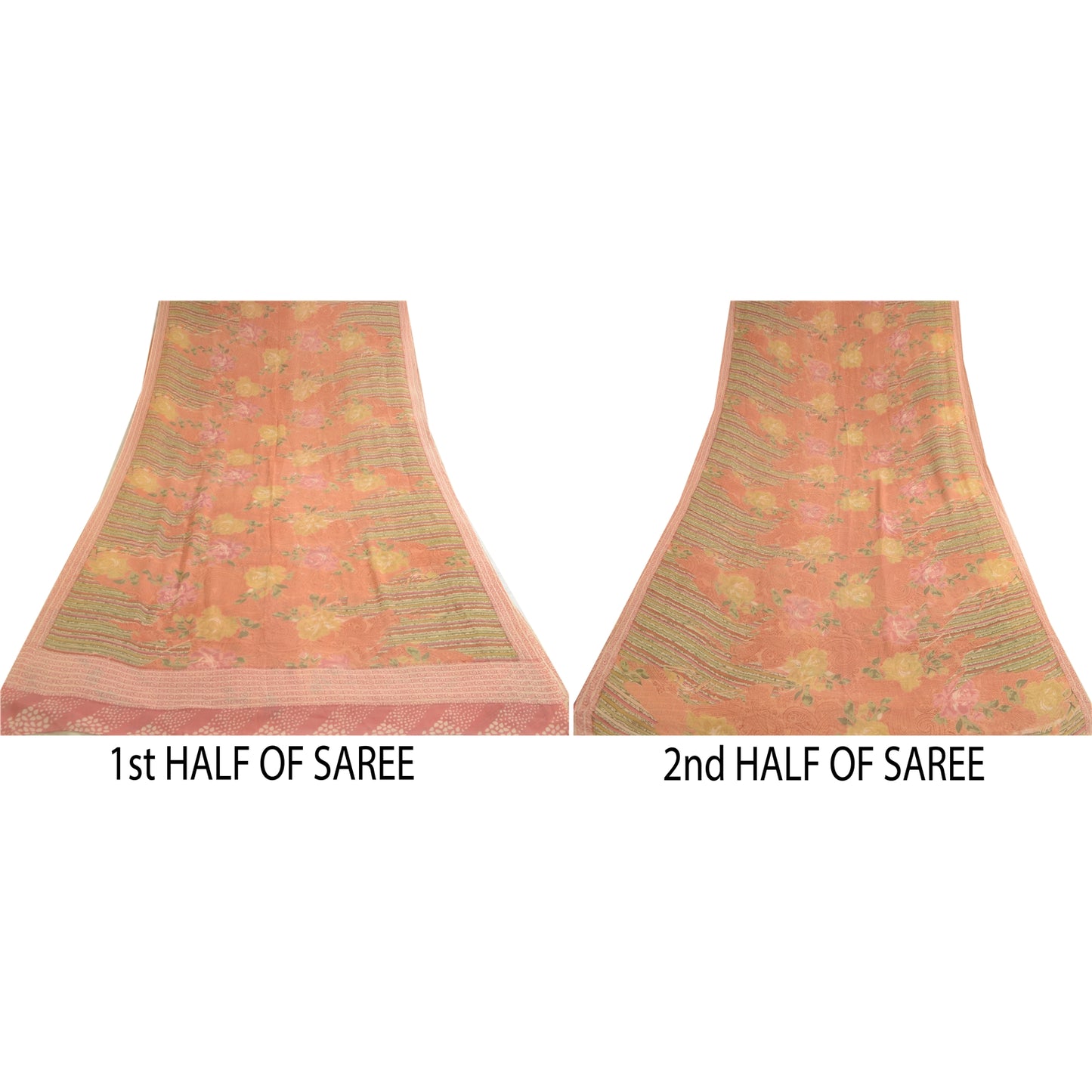 Sanskriti Vintage Sarees Peach Pure Georgette Silk Printed Sari Craft Sustainable Fabric