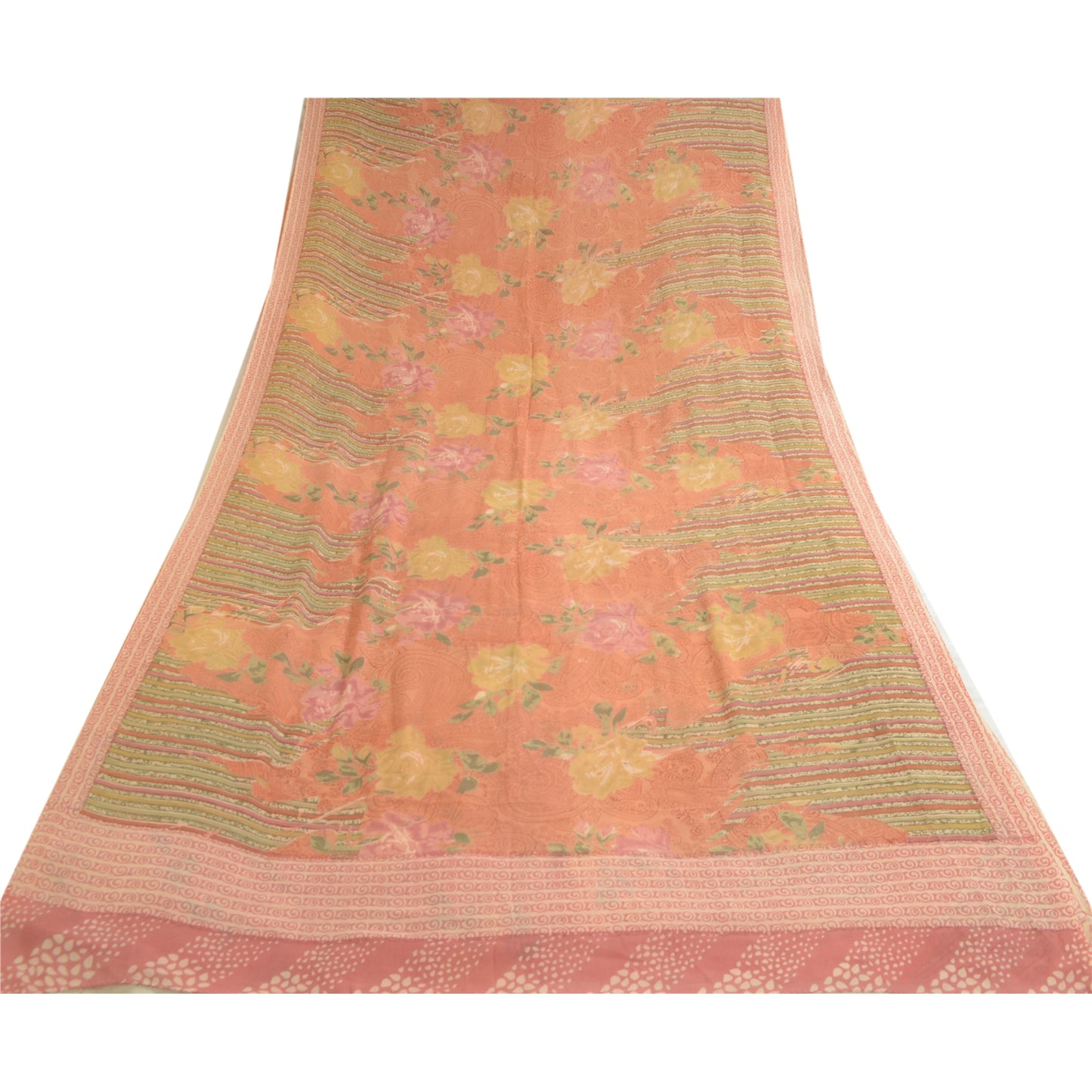 Sanskriti Vintage Sarees Peach Pure Georgette Silk Printed Sari Craft Sustainable Fabric