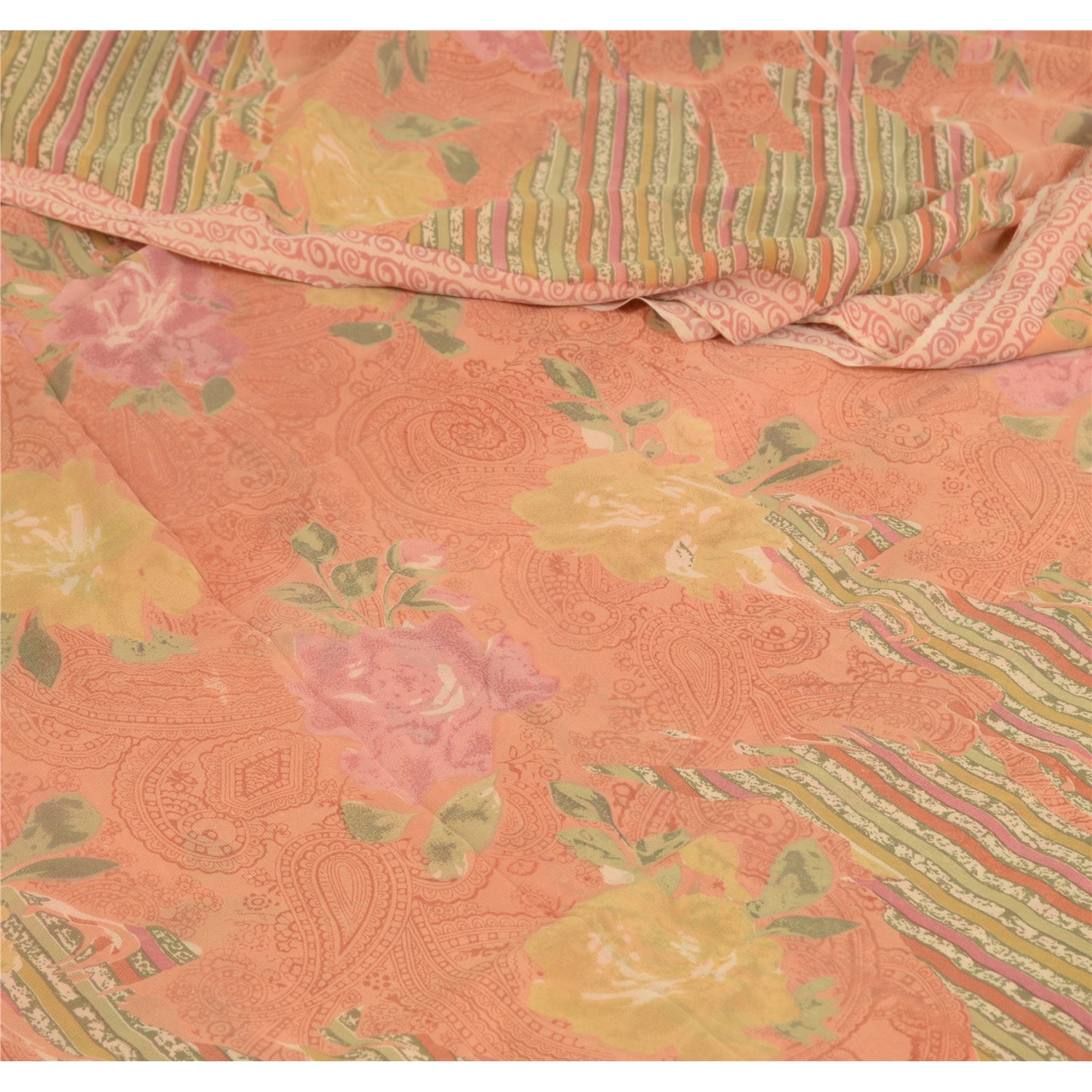 Sanskriti Vintage Sarees Peach Pure Georgette Silk Printed Sari Craft Sustainable Fabric