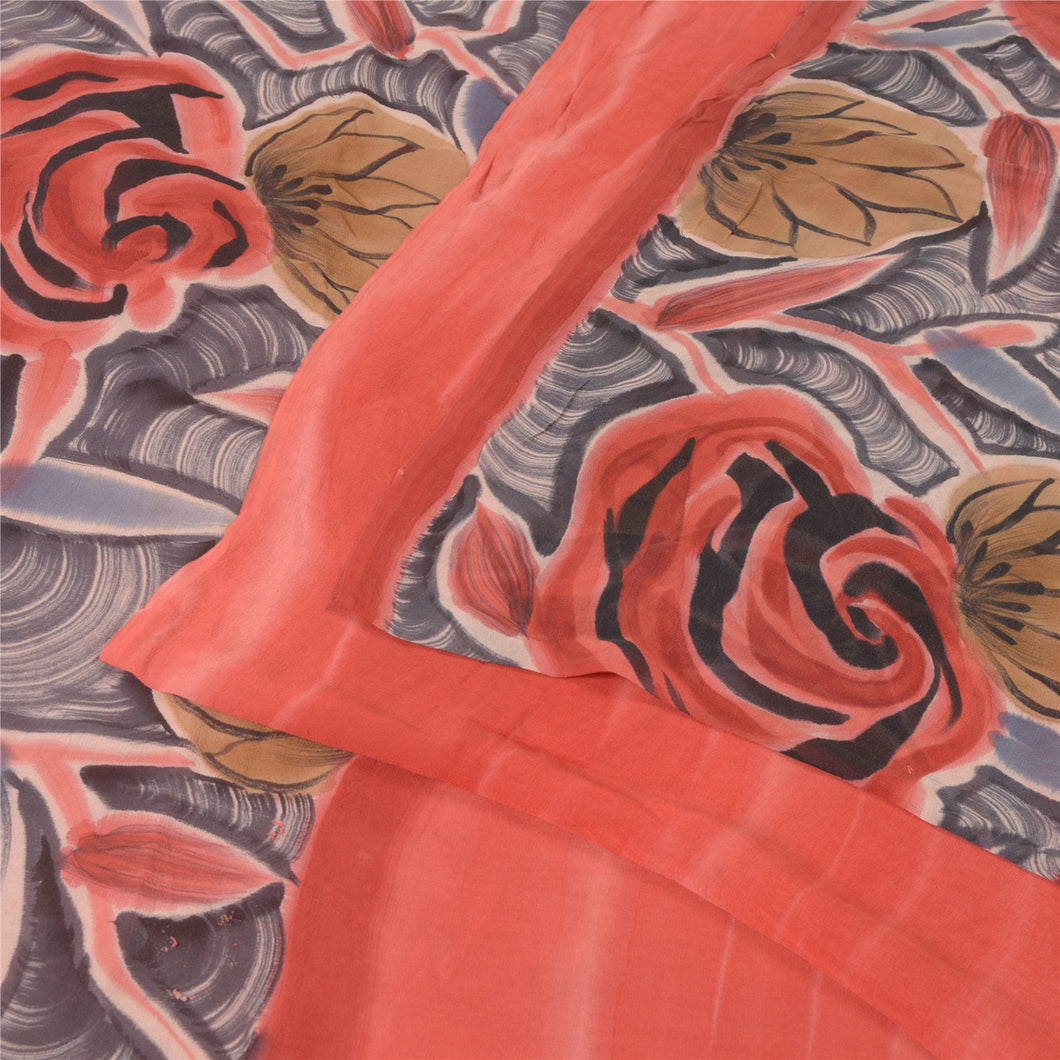 Sanskriti Vintage Sarees Coral Pure Georgette Silk Printed Sari Craft Fabric