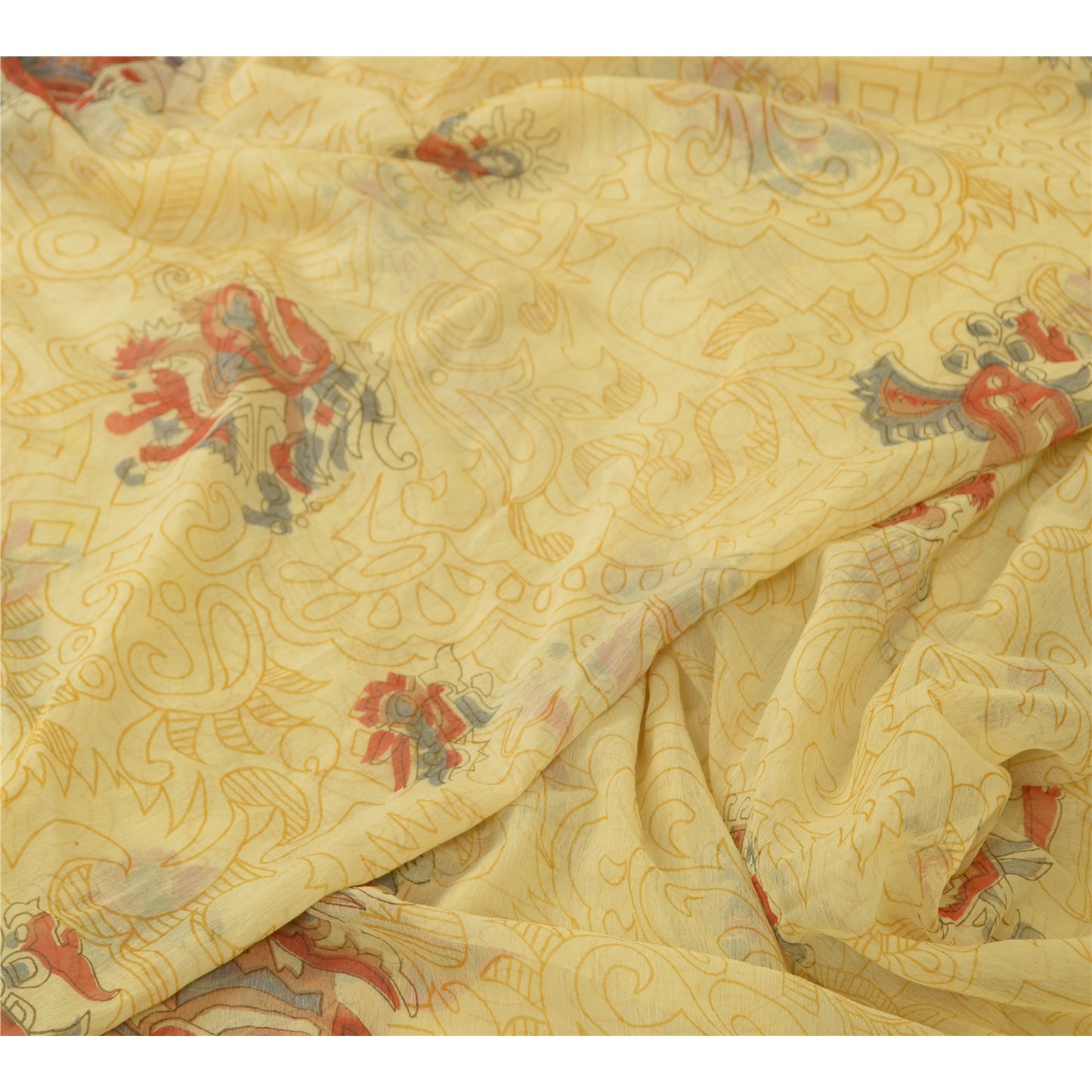Sanskriti Vintage Sarees From India Lemon Georgette Printed Sari Craft Sustainable Fabric