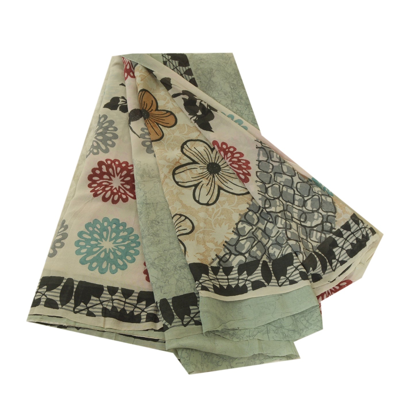 Sanskriti Vintage Sarees Light-Sea-Green Pure Georgette Silk Print Sari Sustainable Fabric